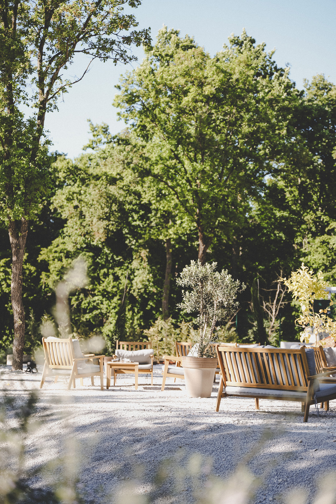 Lounge setting beneath trees at D'Orangerie Garden