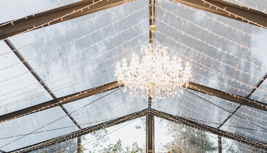 Transparent D'Orangerie roof and crystal chandelier
